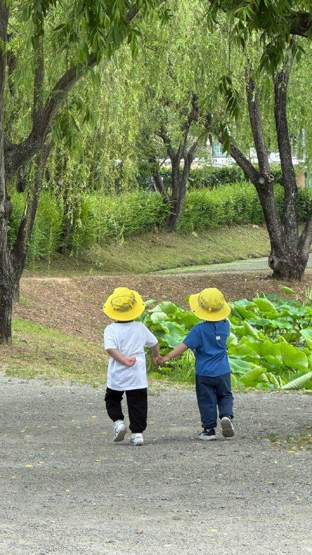 Two small children in yellow hats walking hand in hand under willows
