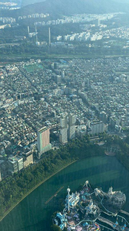 Aerial view of Seoul's apartment blocks and the Han River from a tower