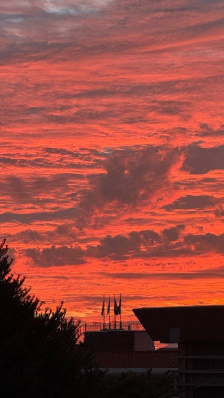 A red-orange sky over a dark rooftop silhouette